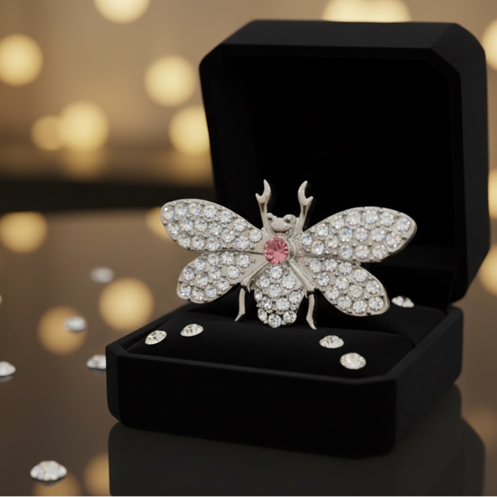 Elegant Silver and Pink Crystal Butterfly adjustable ring